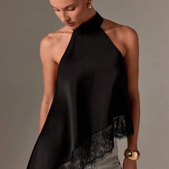 Rebellious Rose Tops - AiiRZ Women Sleeveless High Neck Lace Trim Asymmetric Satin Top Evening